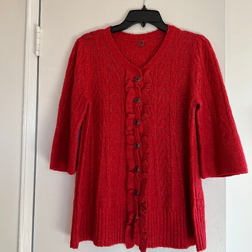 Bright red knitted tunic cardigan with ruched front strip with buttons